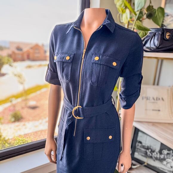 Sharagano Women's Navy Blue w/ Gold Accents Belted Collared Shirt Dress, Size: 4 - Picture 2 of 10